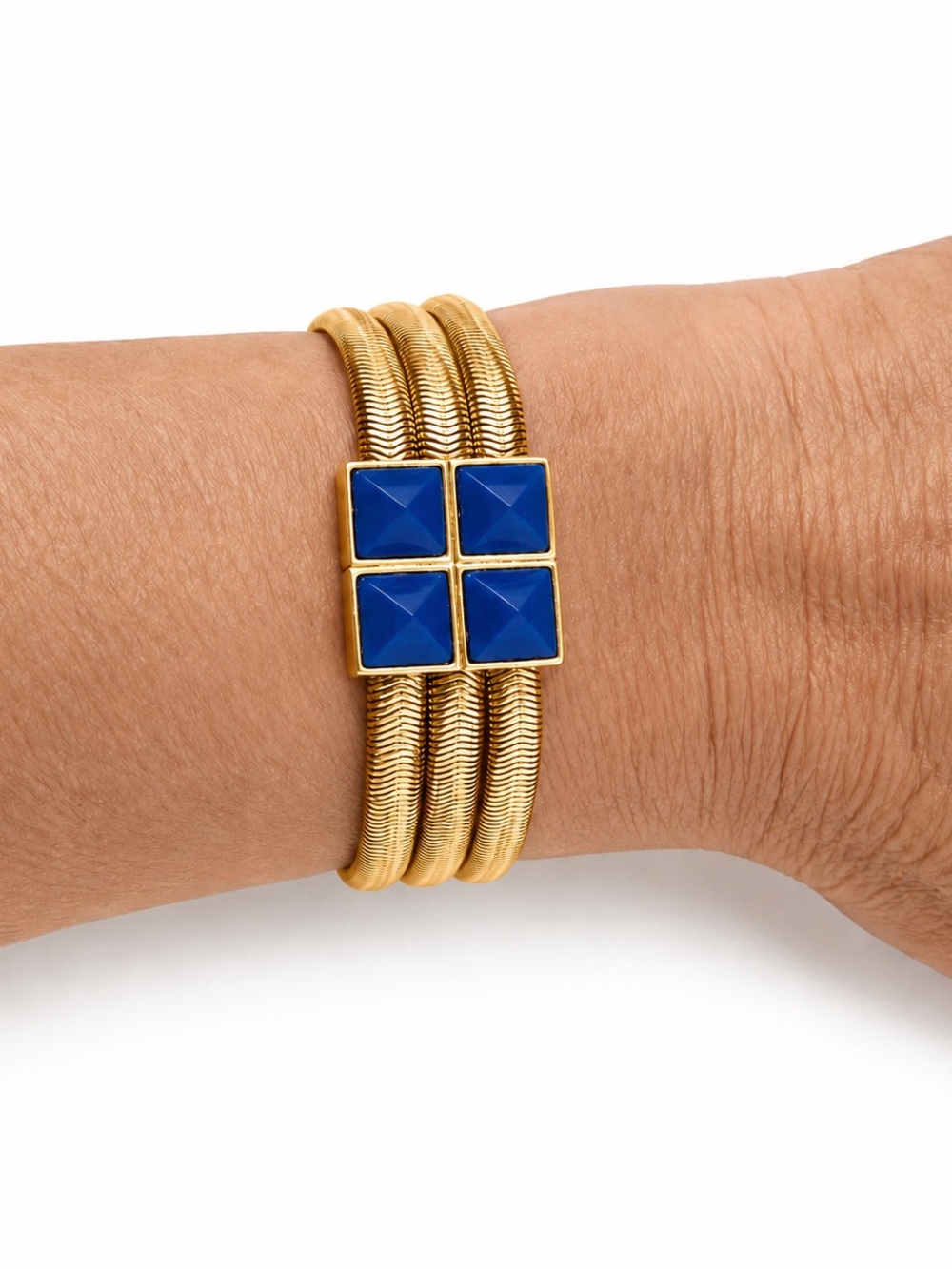 Gold Bracelet with Blue Pyramid Stone Accent - Women Jewelry